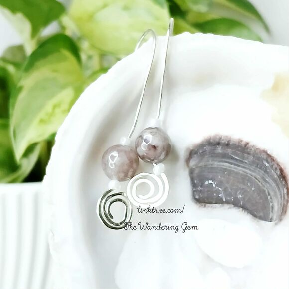 Dendritic Jasper Crystal Beaded Dangle Earrings, Boho Chic Gemstone Jewelry 1.5" - Picture 2 of 6